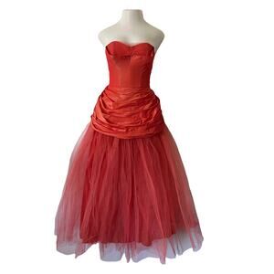 Vintage Fred Perlberg Womens Red Pleated Tulle Sweetheart Strapless Dress